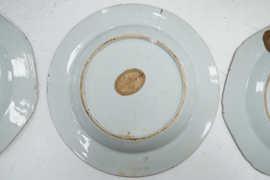 Three Chinese famille rose plates, late 18th century, circular plate 22cm diameter. Condition - edges chipped